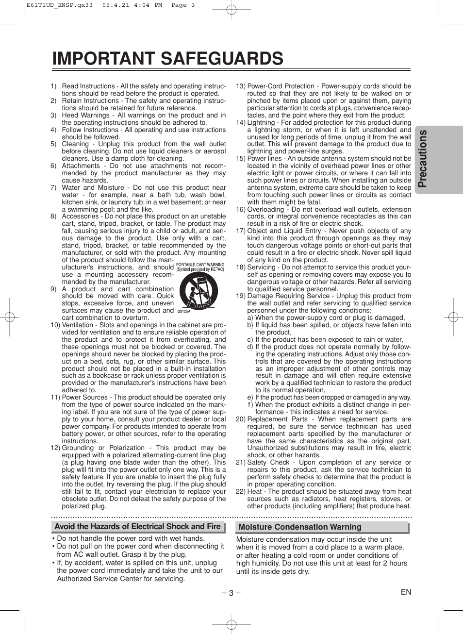 Important safeguards, Precautions | Sylvania DVL515SK User Manual | Page 3 / 20