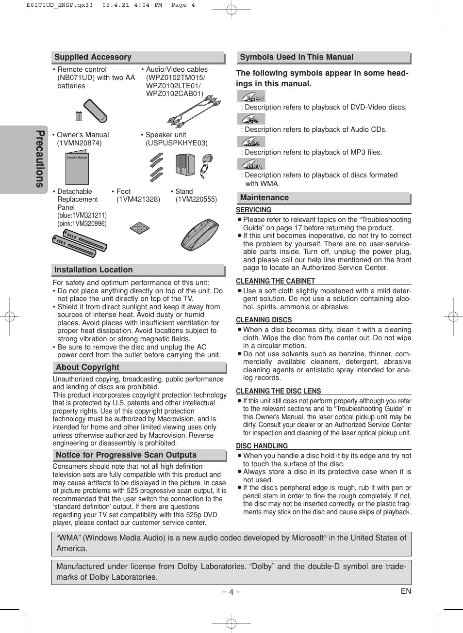 Precautions | Sylvania DVL515SK User Manual | Page 4 / 20