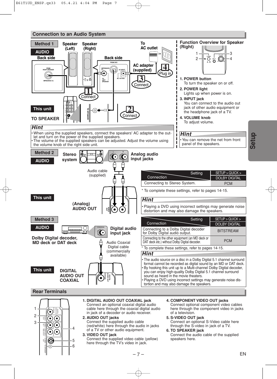 Setup, Hint, Rear terminals connection to an audio system | Stereo system, Dolby digital decoder, md deck or dat deck, Audio this unit audio this unit method 1, Connect, Plug in, 13 2 4 function overview for speaker (right) | Sylvania DVL515SK User Manual | Page 7 / 20