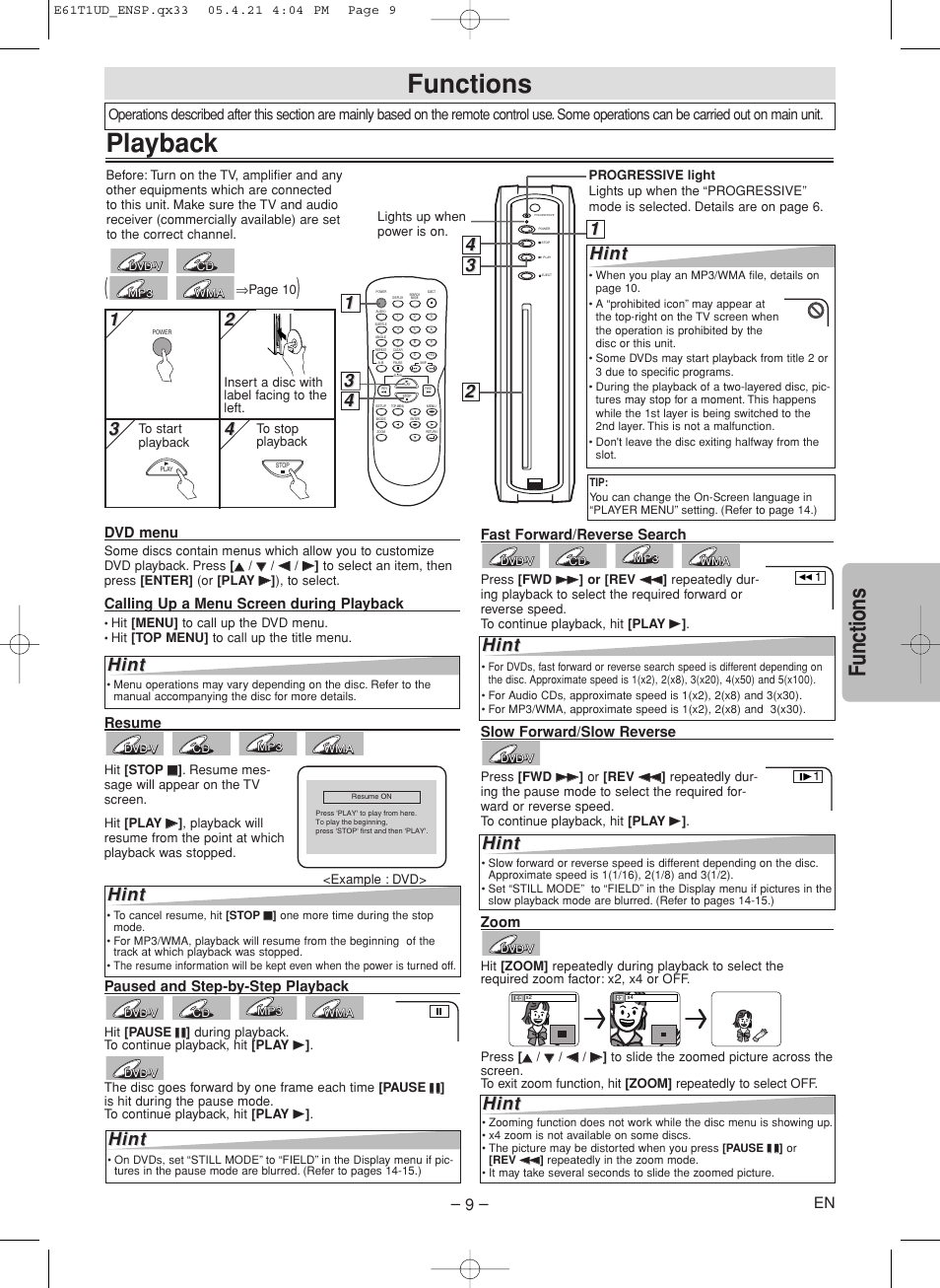 Playback, Functions, Hint | Sylvania DVL515SK User Manual | Page 9 / 20