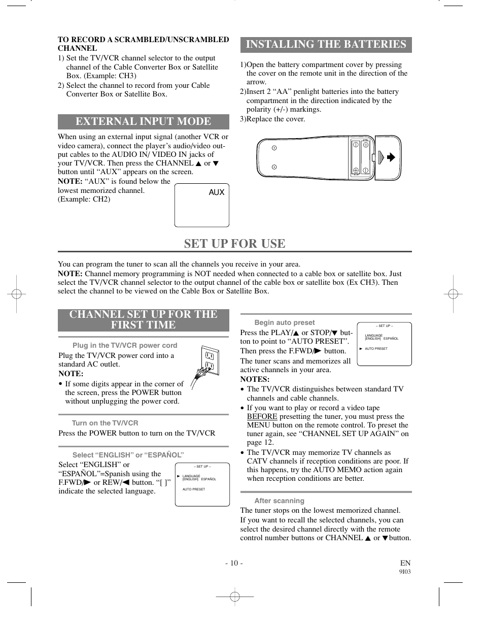 Set up for use, Installing the batteries, Channel set up for the first time | External input mode | Sylvania SRT22194 User Manual | Page 10 / 32