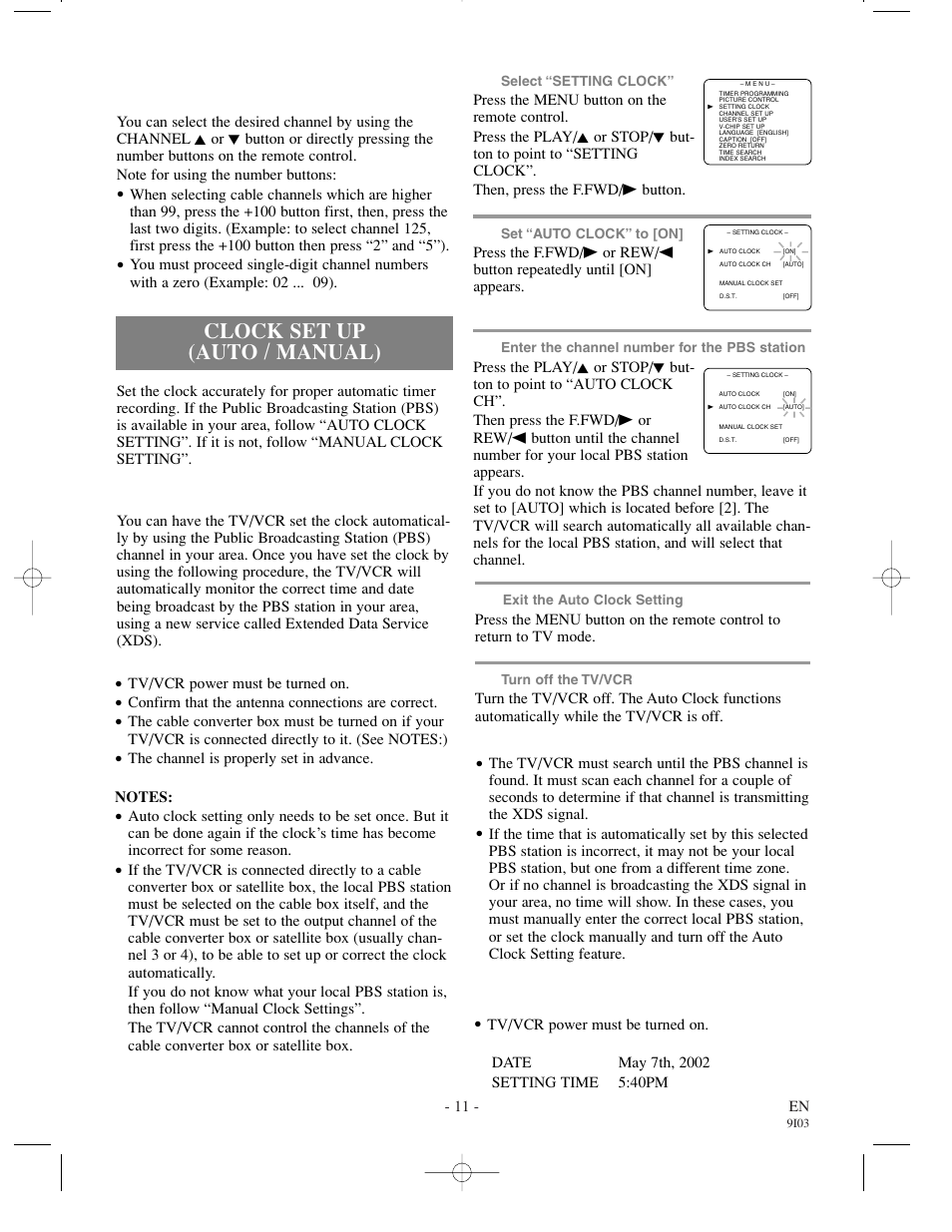 Clock set up (auto / manual), Auto clock setting, Manual clock setting | Sylvania SRT22194 User Manual | Page 11 / 32