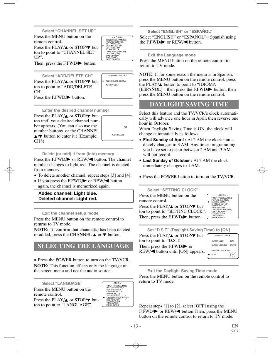 Selecting the language, Daylight-saving time | Sylvania SRT22194 User Manual | Page 13 / 32