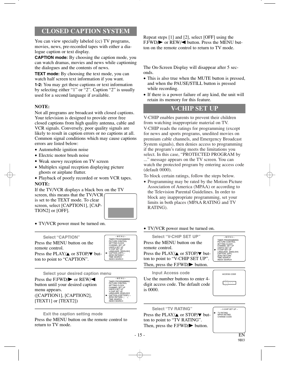 Closed caption system, V-chip set up, Tv rating set up | When the closed caption mode is on | Sylvania SRT22194 User Manual | Page 15 / 32