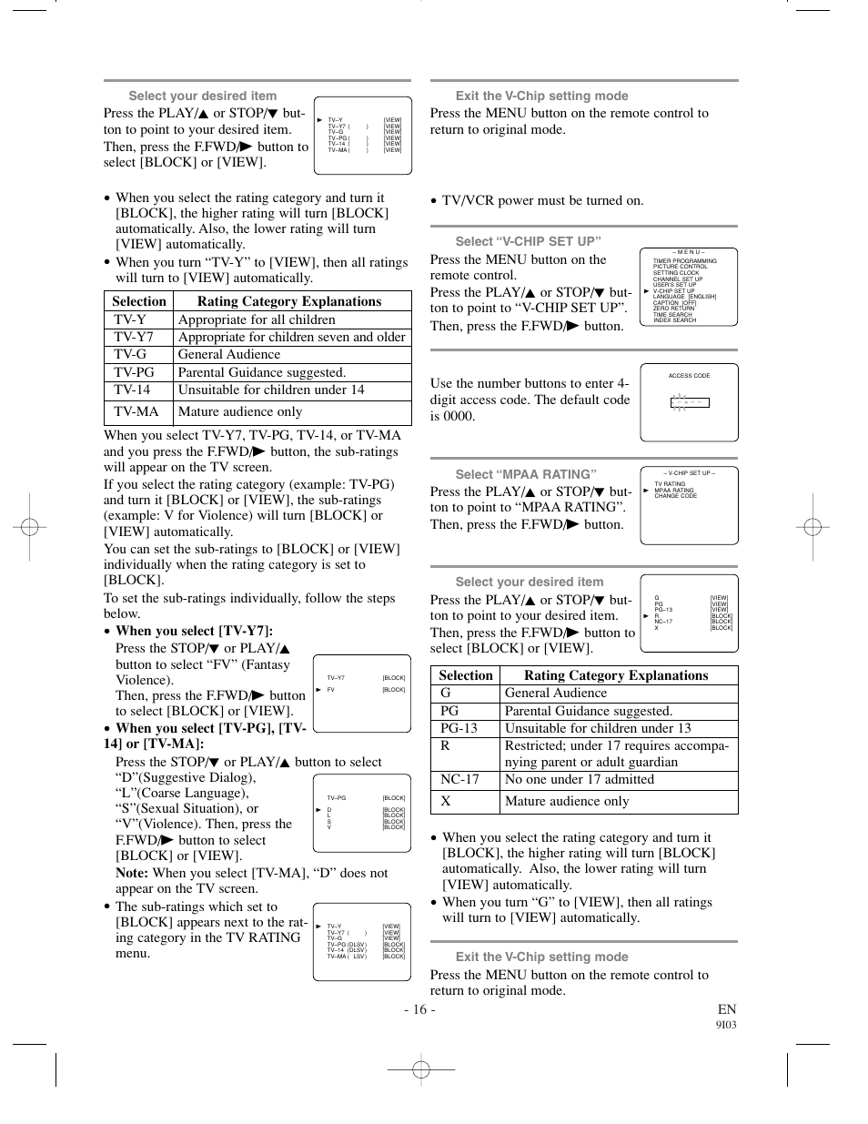 Mpaa rating set up, 16 - en, Make sure | Tv/vcr power must be turned on | Sylvania SRT22194 User Manual | Page 16 / 32