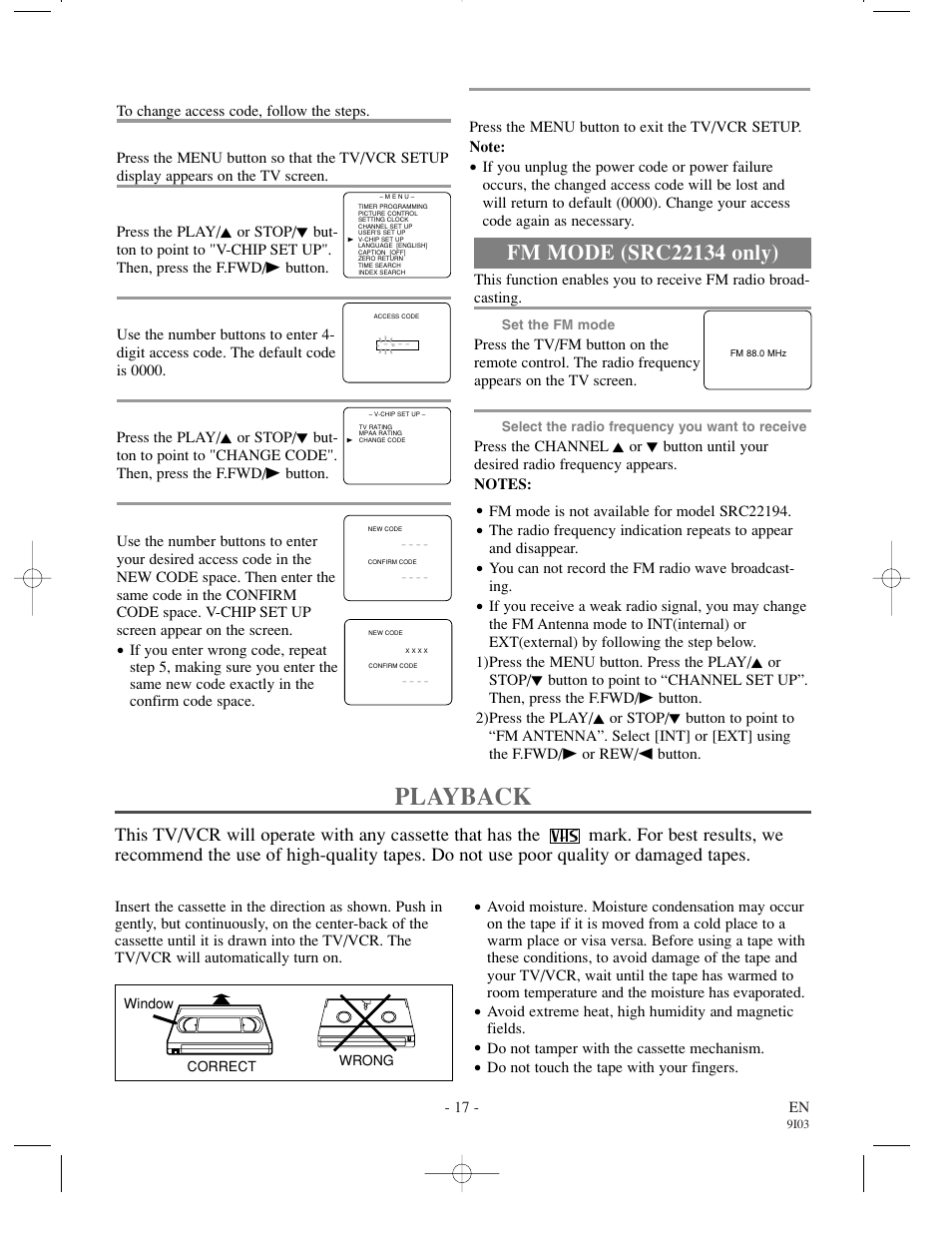 Playback, Inserting a cassette, Change access code | Sylvania SRT22194 User Manual | Page 17 / 32