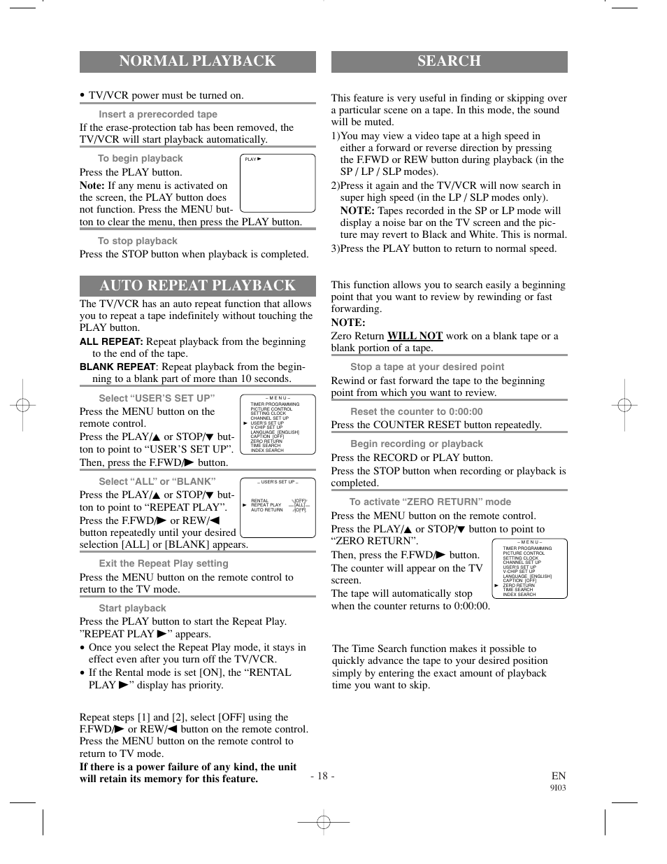 Search, Auto repeat playback, Normal playback | Picture search, Zero return, Time search | Sylvania SRT22194 User Manual | Page 18 / 32