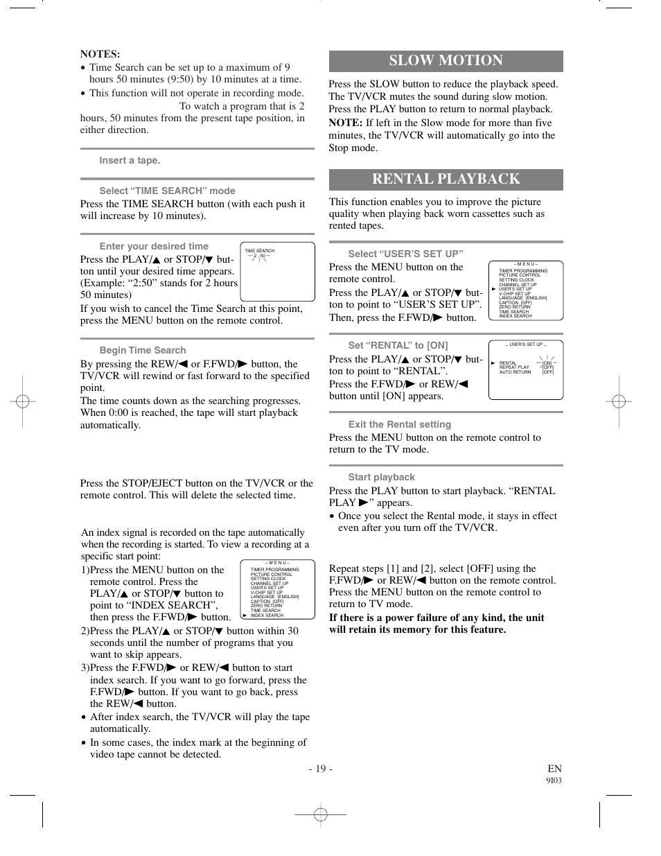 Rental playback, Slow motion, Index search | Sylvania SRT22194 User Manual | Page 19 / 32