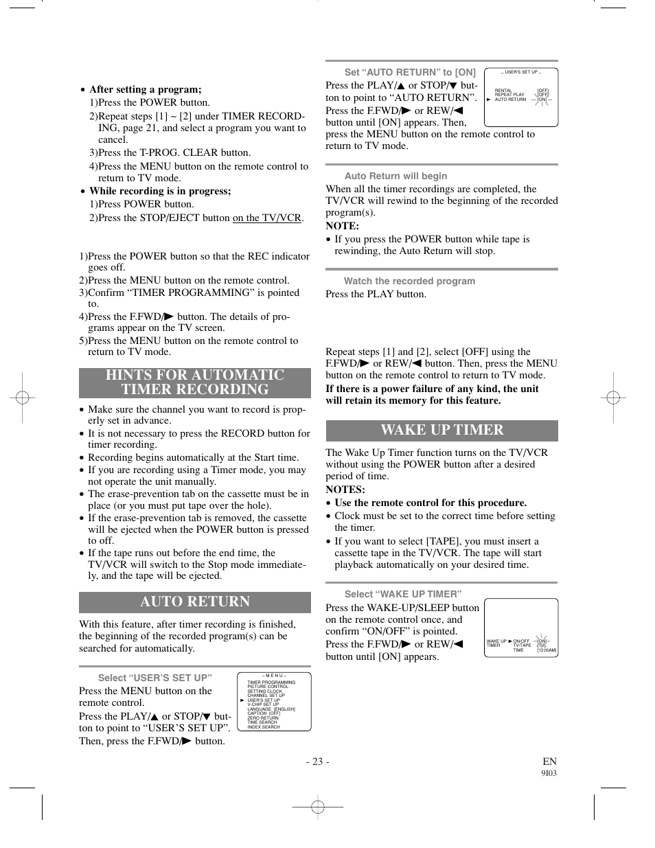 Hints for automatic timer recording, Auto return, Wake up timer | Sylvania SRT22194 User Manual | Page 23 / 32