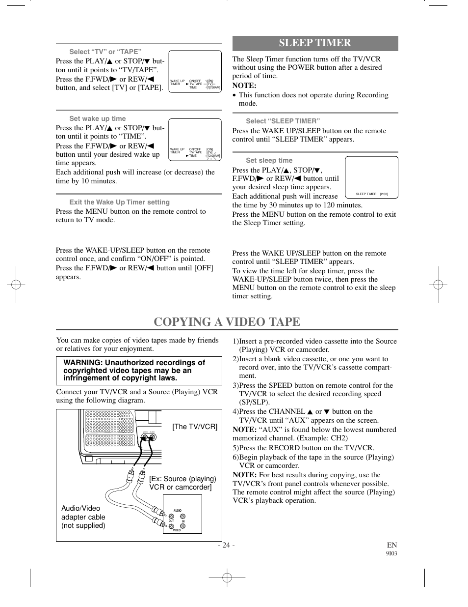 Copying a video tape, Sleep timer | Sylvania SRT22194 User Manual | Page 24 / 32