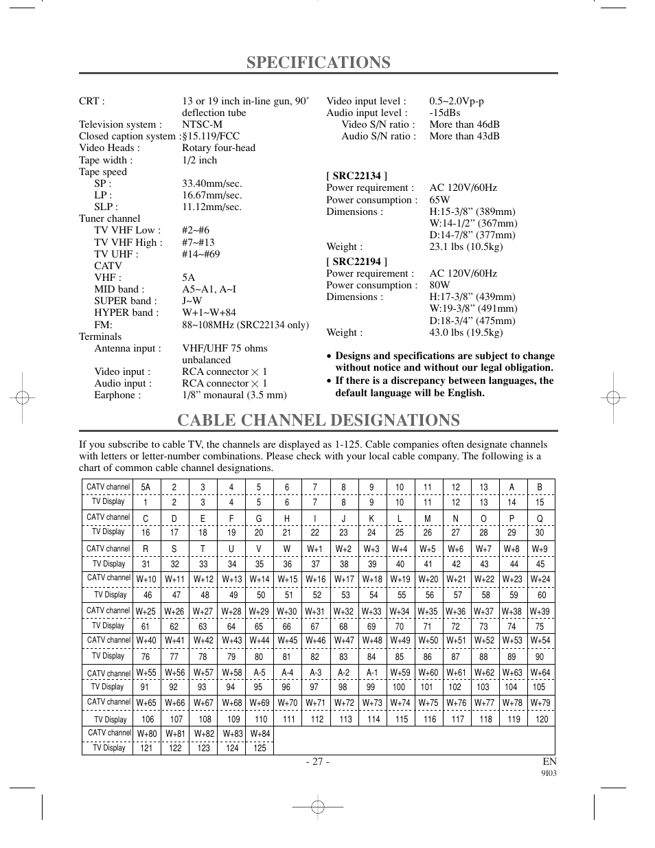 Specifications, Cable channel designations, General specifications | Electrical specifications, Other specifications | Sylvania SRT22194 User Manual | Page 27 / 32