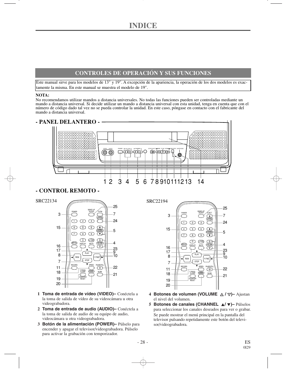 Indice, Controles de operación y sus funciones, Panel delantero - - control remoto | 28 - es | Sylvania SRT22194 User Manual | Page 28 / 32