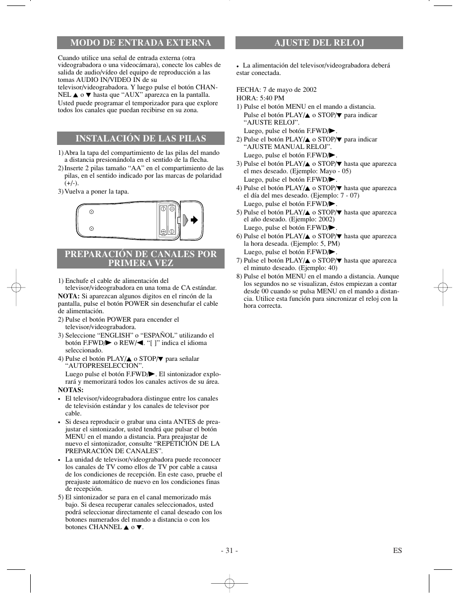 Preparación de canales por primera vez, Ajuste del reloj modo de entrada externa, Instalación de las pilas | Sylvania SRT22194 User Manual | Page 31 / 32