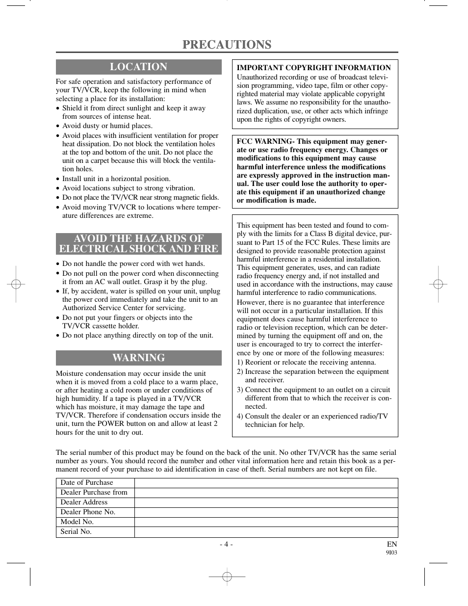 Precautions, Avoid the hazards of electrical shock and fire, Location | Warning | Sylvania SRT22194 User Manual | Page 4 / 32