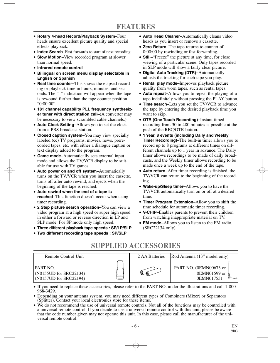 Features, Supplied accessories | Sylvania SRT22194 User Manual | Page 6 / 32