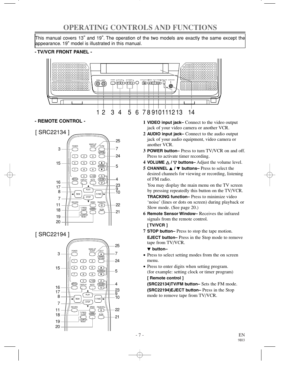 Operating controls and functions, 7 - en, Tv/vcr front panel - 1 | Adjust the volume level. 5, Press to stop the tape motion, Sets the fm mode | Sylvania SRT22194 User Manual | Page 7 / 32