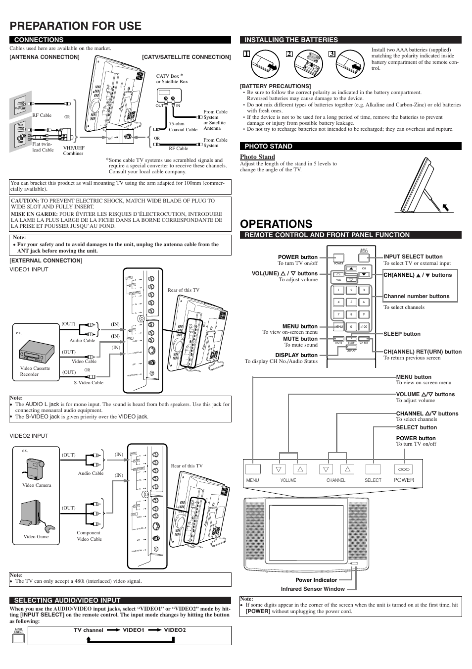 Preparation for use, Operations, Power | Sylvania 6615LFP User Manual | Page 2 / 8