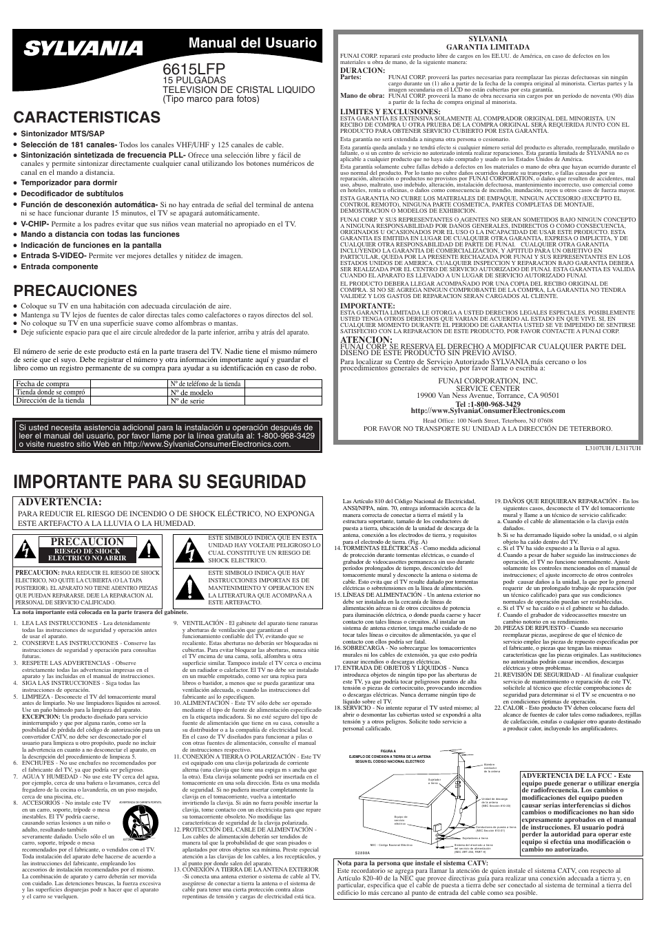 Importante para su seguridad, Caracteristicas, Precauciones | 6615lfp, Manual del usuario, Advertencia, Precaucion, Atencion | Sylvania 6615LFP User Manual | Page 5 / 8