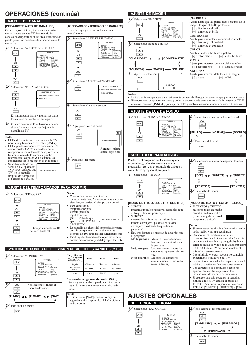 Operaciones (continúa) ajustes opcionales, Ajuste de imagen, Ajuste de canal | Seleccion de idioma, Subtitulos narrativos | Sylvania 6615LFP User Manual | Page 7 / 8