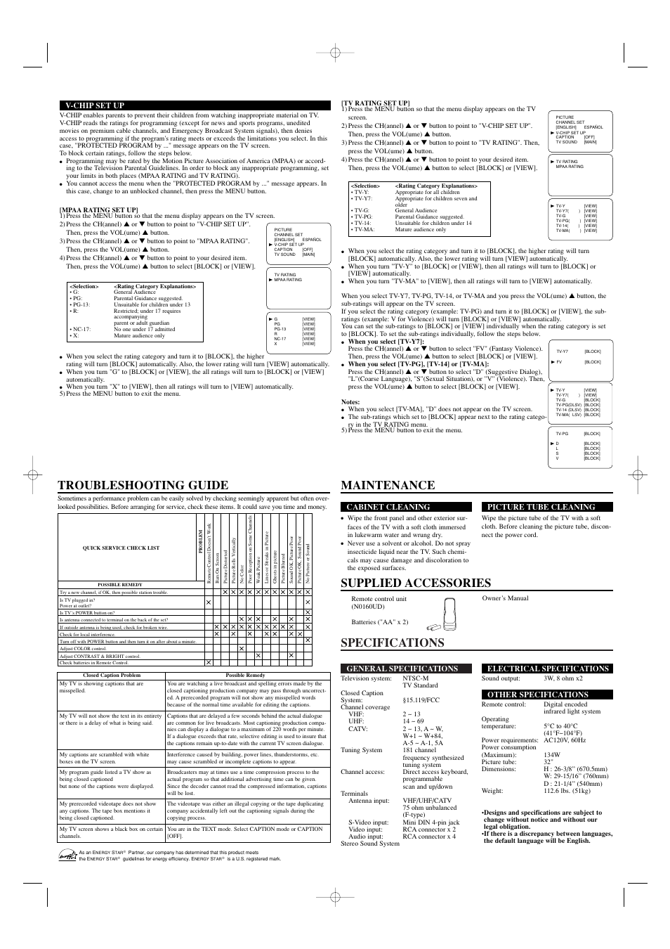 Specifications, General specifications, Electrical specifications | Other specifications, Cabinet cleaning, Picture tube cleaning, V-chip set up | Sylvania SST4322 User Manual | Page 4 / 8