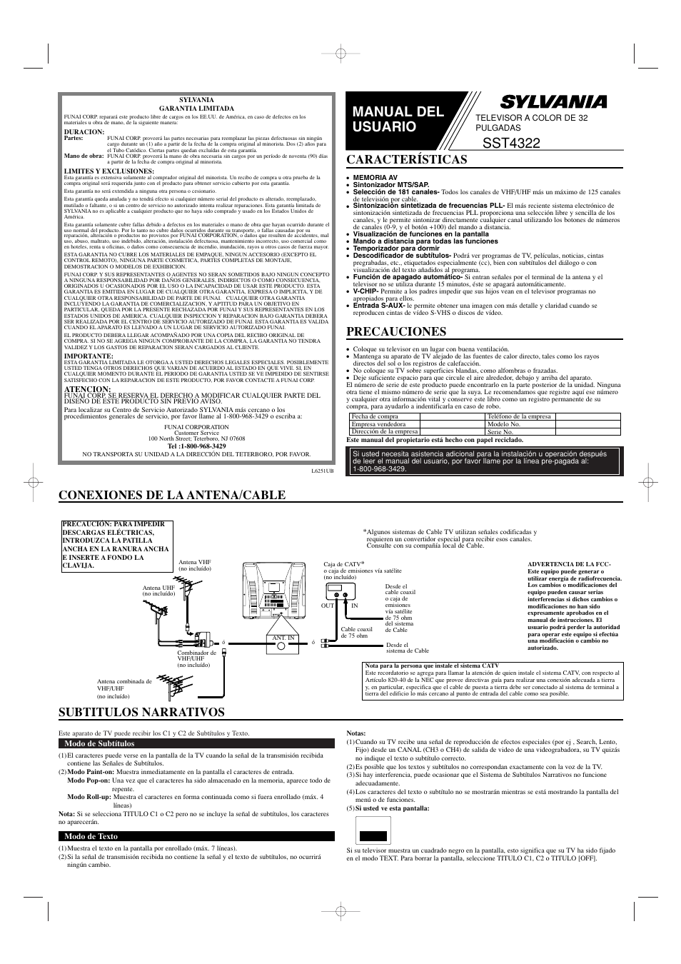 Manual del usuario, Sst4322, Conexiones de la antena/cable precauciones | Características, Subtitulos narrativos | Sylvania SST4322 User Manual | Page 5 / 8