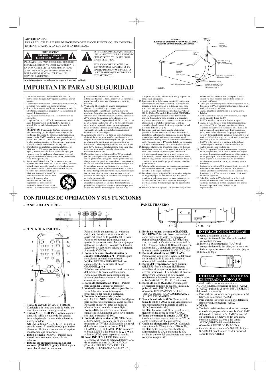 Importante para su seguridad, Controles de operación y sus funciones, Panel delantero - - panel trasero | Control remoto, Utilización de las tomas de entrada audio/aux, Instalacion de las pilas | Sylvania SST4322 User Manual | Page 6 / 8