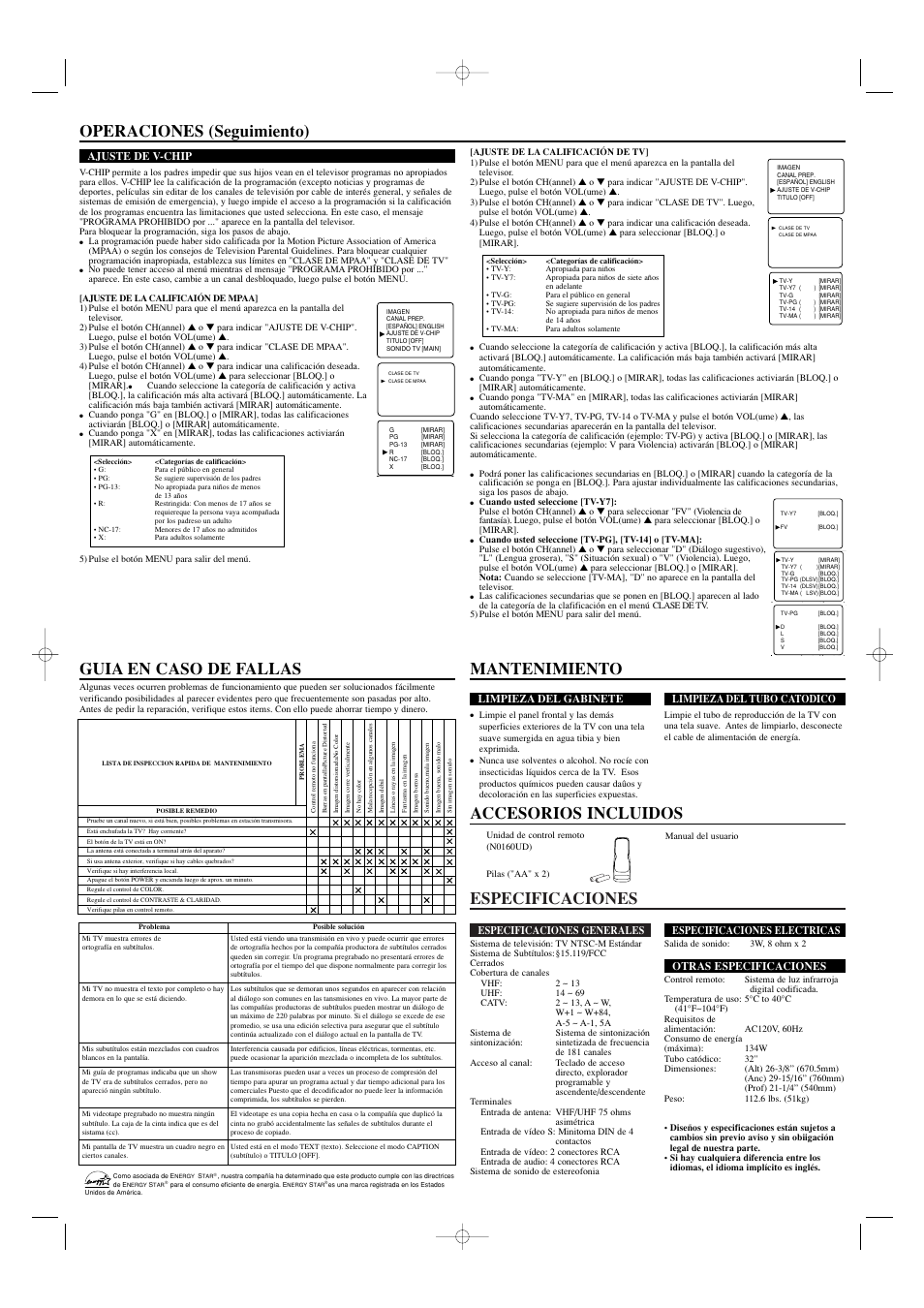 Especificaciones, Operaciones (seguimiento) | Sylvania SST4322 User Manual | Page 8 / 8