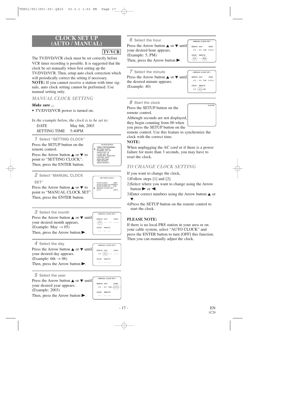 Clock set up (auto / manual), Manual clock setting, Tv/vcr | 17 - en, Make sure | Sylvania 6719DD User Manual | Page 17 / 56