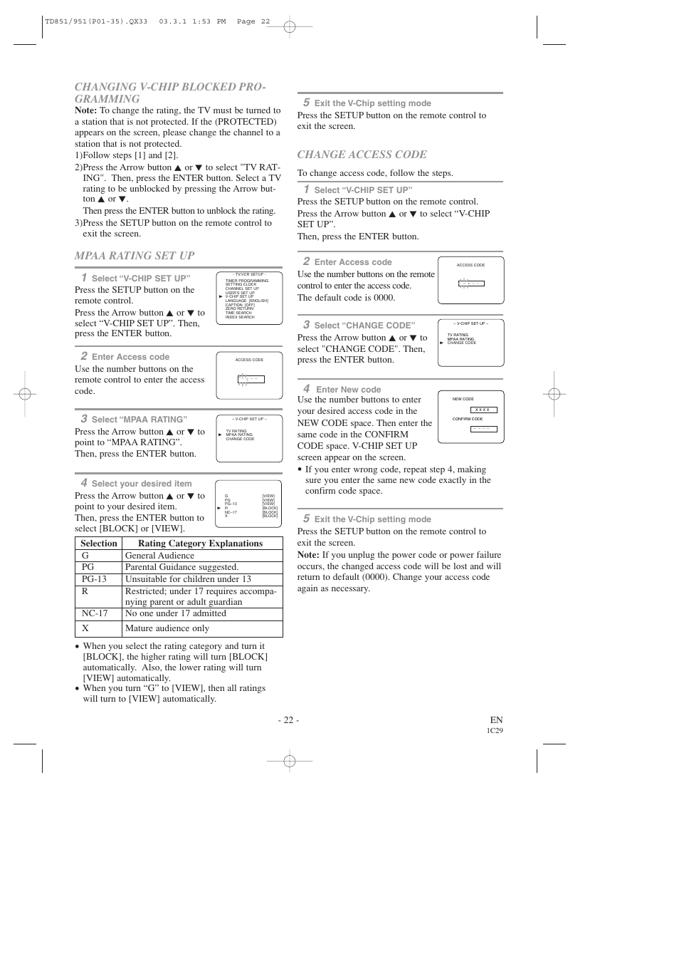 Changing v-chip blocked pro- gramming, Mpaa rating set up 1, Change access code | Sylvania 6719DD User Manual | Page 22 / 56