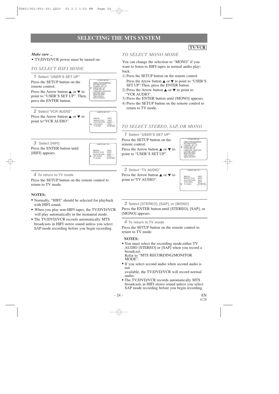 Selecting the mts system, Tv/vcr | Sylvania 6719DD User Manual | Page 24 / 56