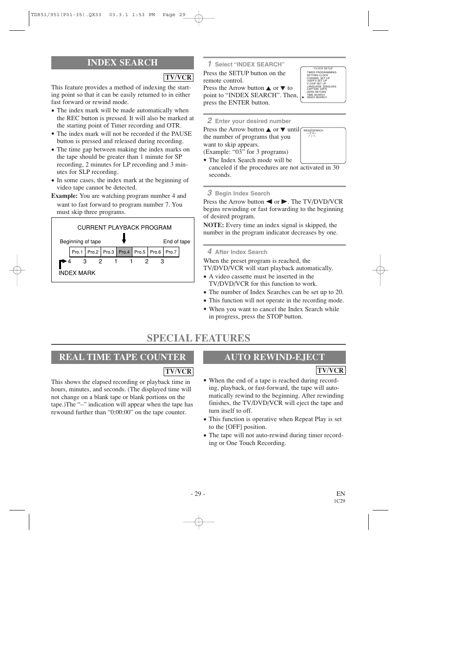 Special features, Index search, Real time tape counter | Auto rewind-eject | Sylvania 6719DD User Manual | Page 29 / 56