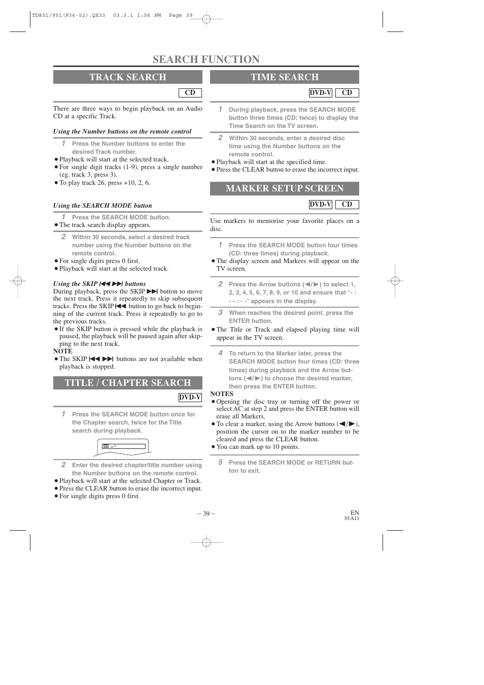 Search function, Track search, Title / chapter search | Time search, Marker setup screen | Sylvania 6719DD User Manual | Page 39 / 56