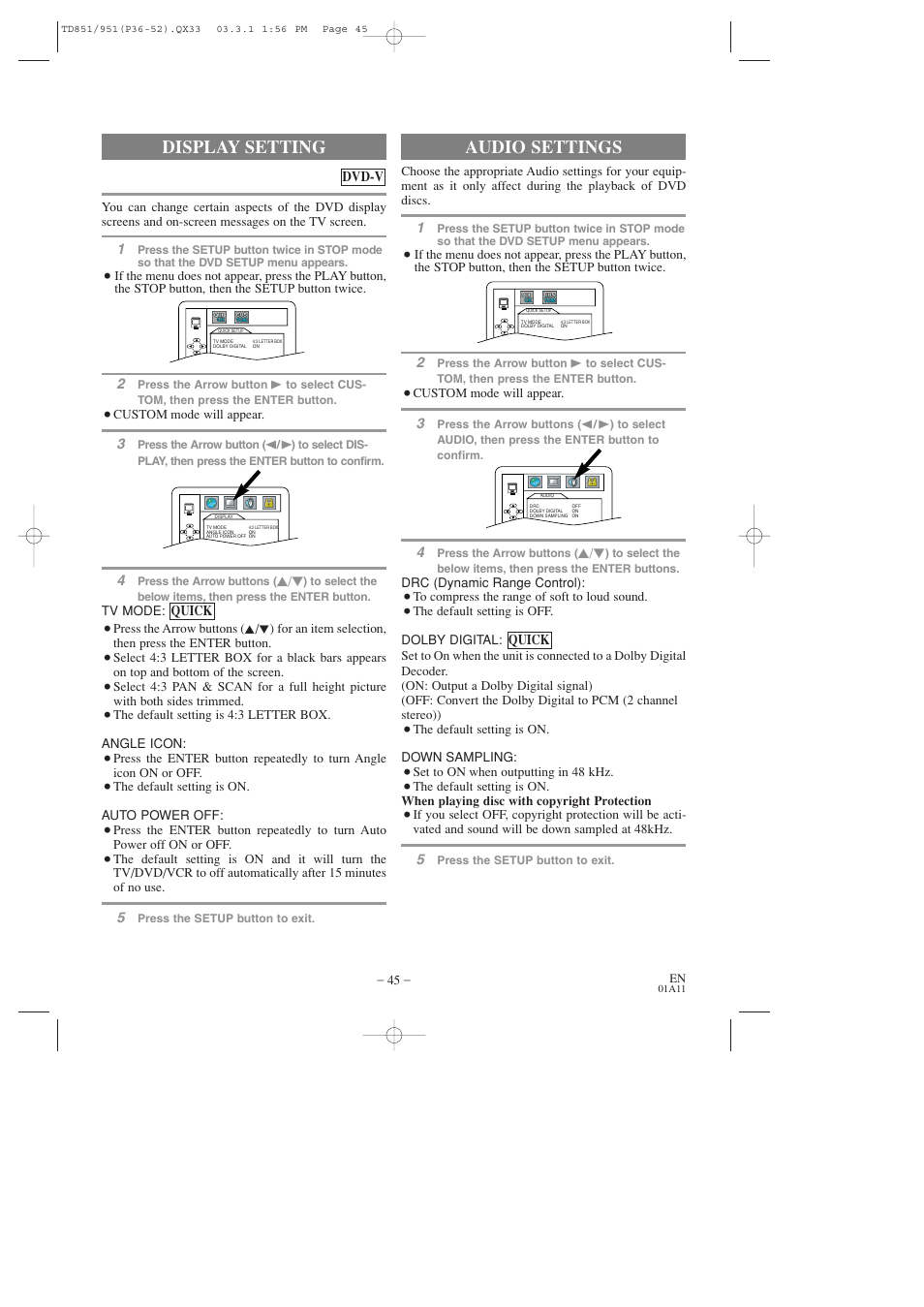 Audio settings, Display setting | Sylvania 6719DD User Manual | Page 45 / 56