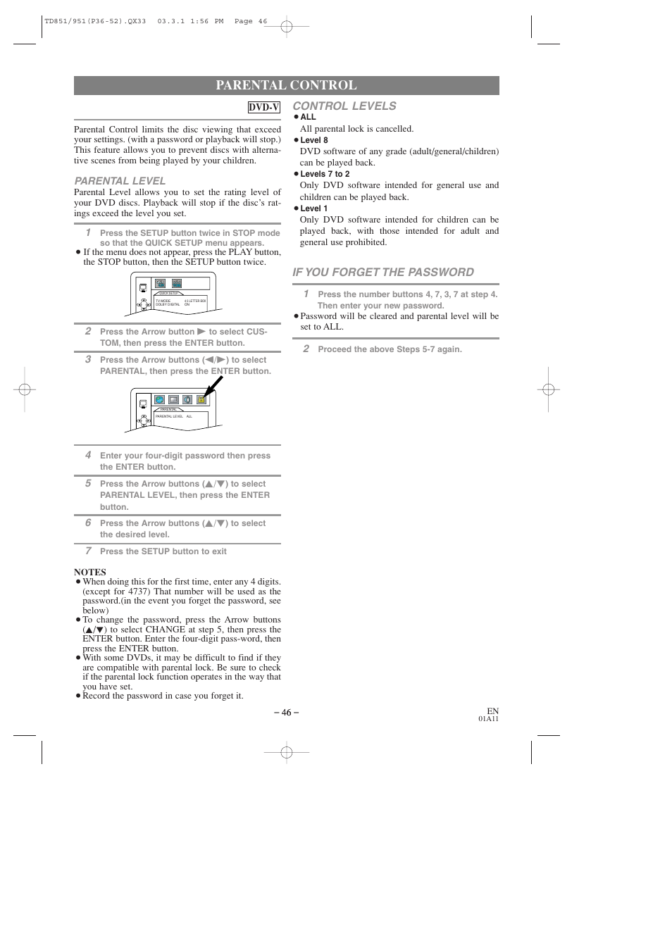 Parental control, Control levels, If you forget the password | Sylvania 6719DD User Manual | Page 46 / 56