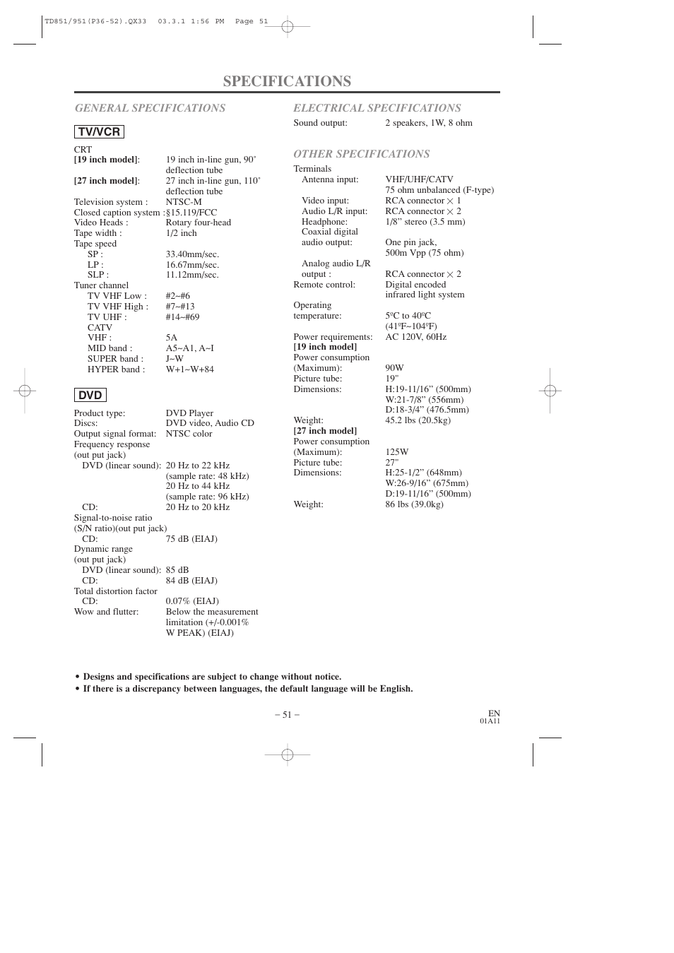 Specifications | Sylvania 6719DD User Manual | Page 51 / 56