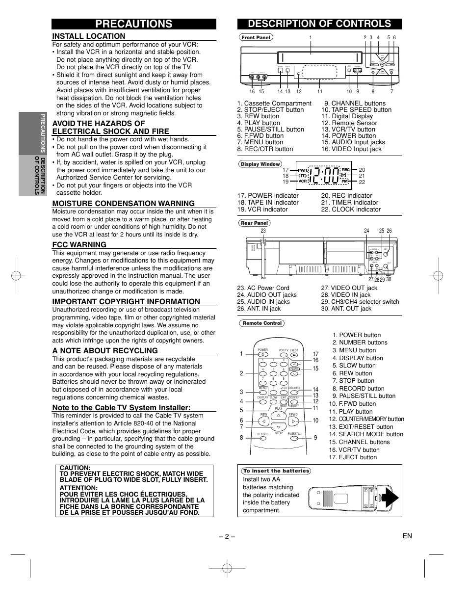 Precautions, Description of controls, Install location | Avoid the hazards of electrical shock and fire, Moisture condensation warning, Fcc warning, Important copyright information, 2 – en | Sylvania 6265FC User Manual | Page 2 / 8