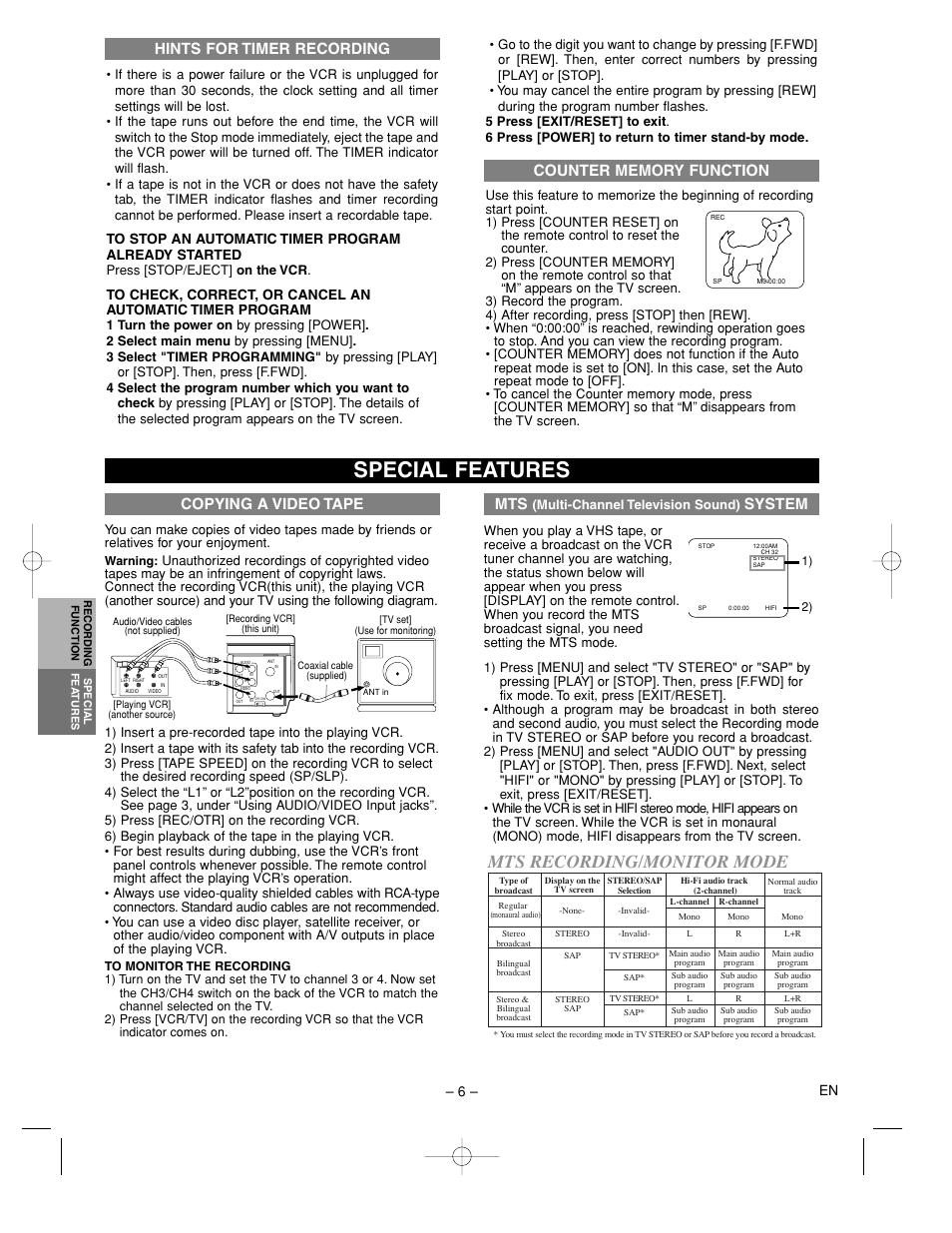 Special features, Mts recording/monitor mode, System | Copying a video tape, Hints for timer recording, 6 – en | Sylvania 6265FC User Manual | Page 6 / 8