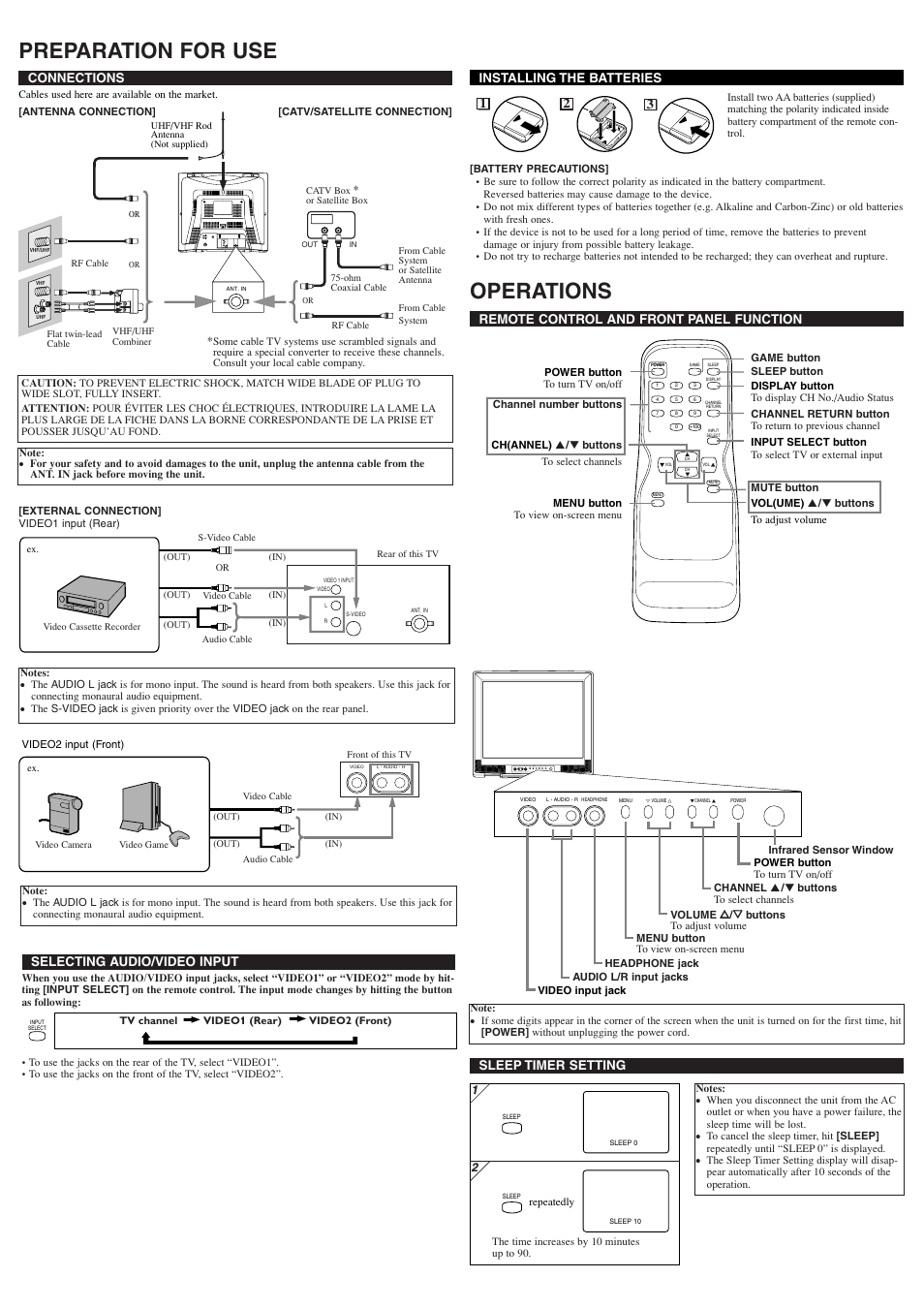 Preparation for use, Operations, Ant. in l r video 1 in put video s-video | Connections, Remote control and front panel function, Installing the batteries, Selecting audio/video input, Sleep timer setting | Sylvania SST4245 User Manual | Page 2 / 4