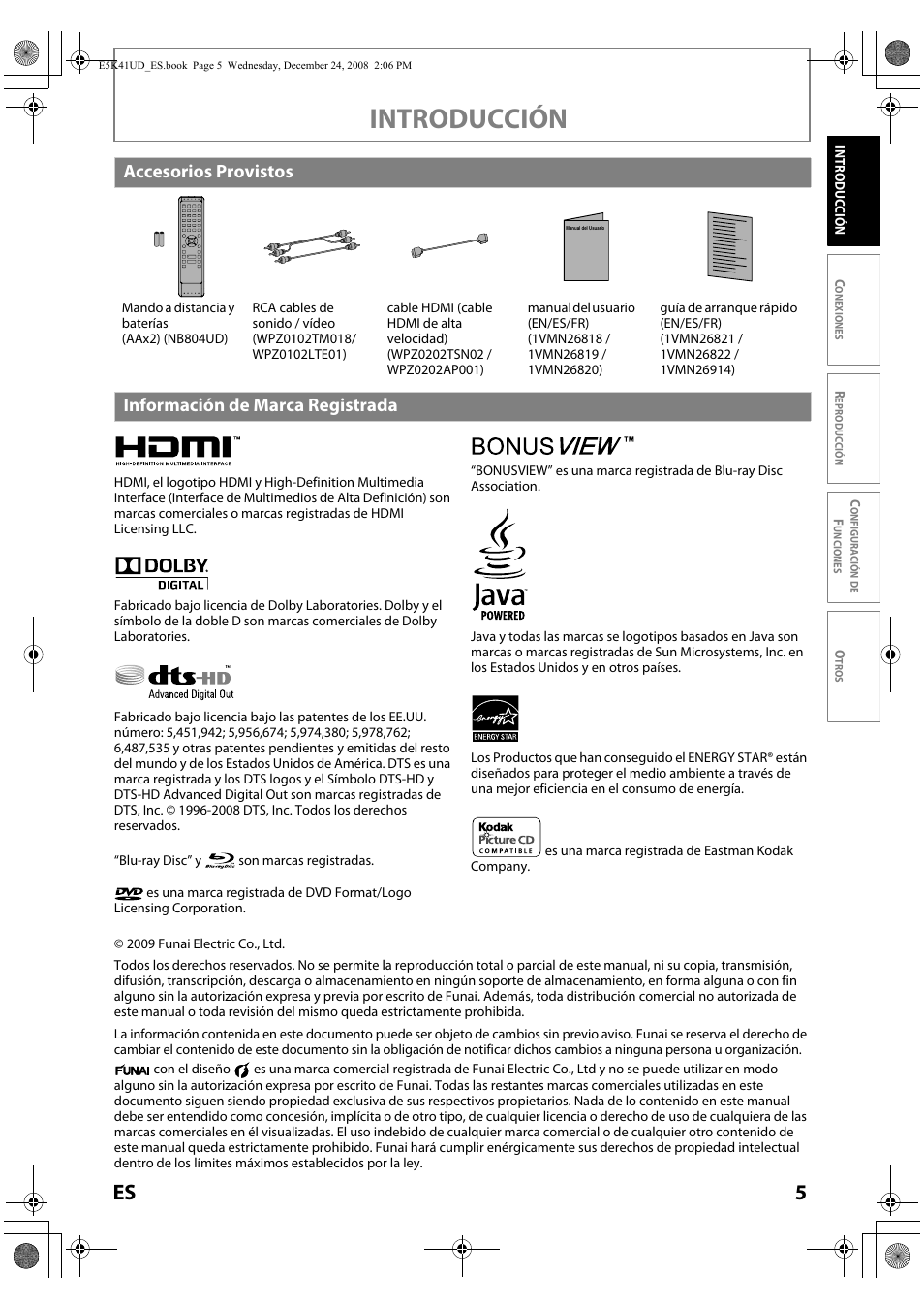 Introducción, Accesorios provistos, Información de marca registrada | Sylvania NB531SLX User Manual | Page 107 / 150