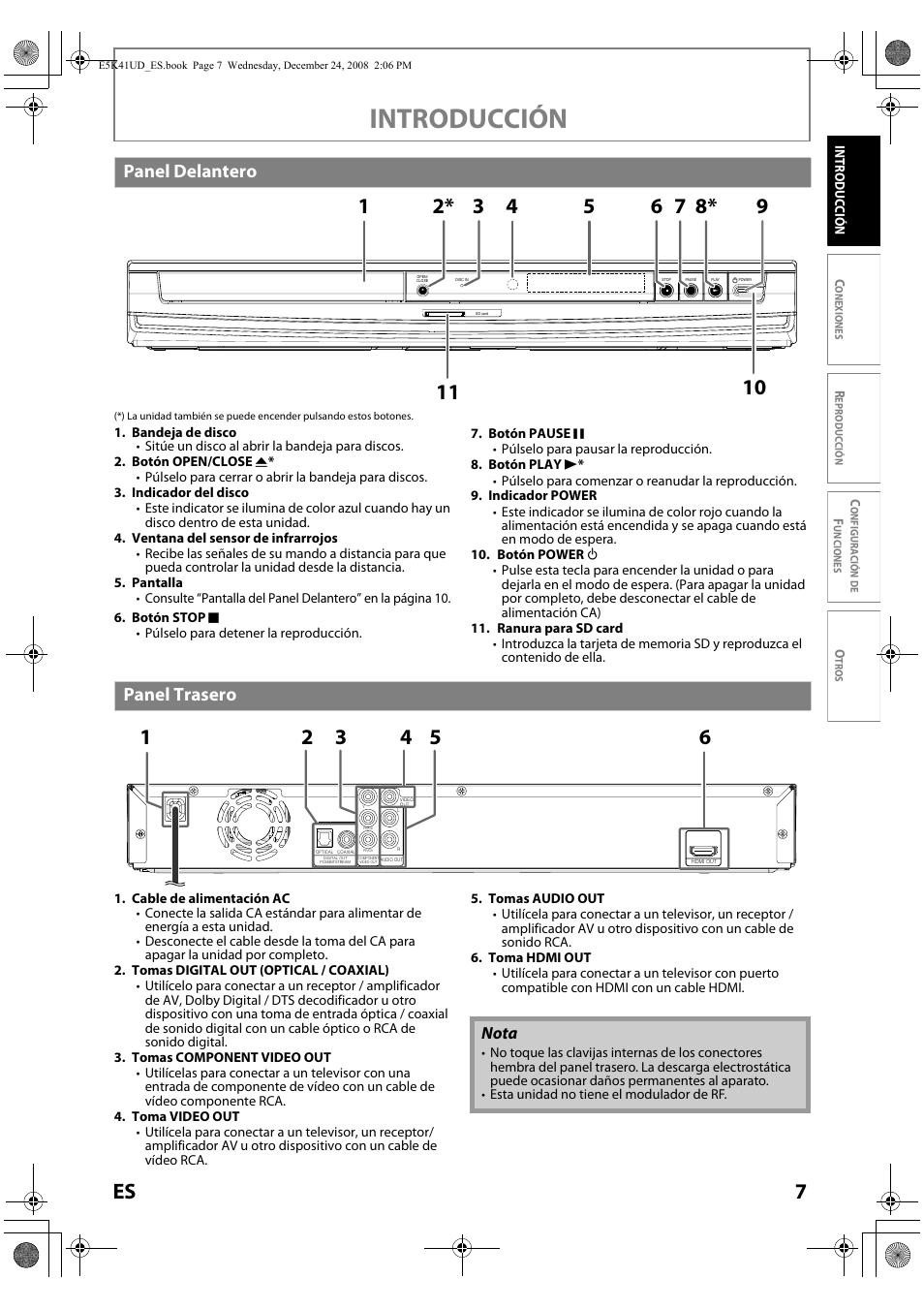 Panel delantero panel trasero, Introducción, Panel delantero | Panel trasero, Nota | Sylvania NB531SLX User Manual | Page 109 / 150