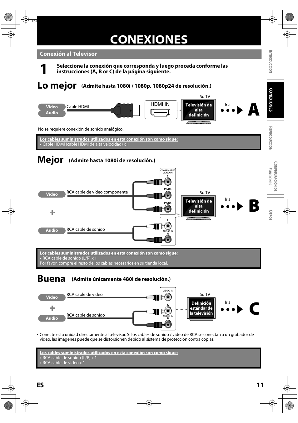 Conexiones, Conexión al televisor, Lo mejor | Mejor, Buena, 11 es | Sylvania NB531SLX User Manual | Page 113 / 150
