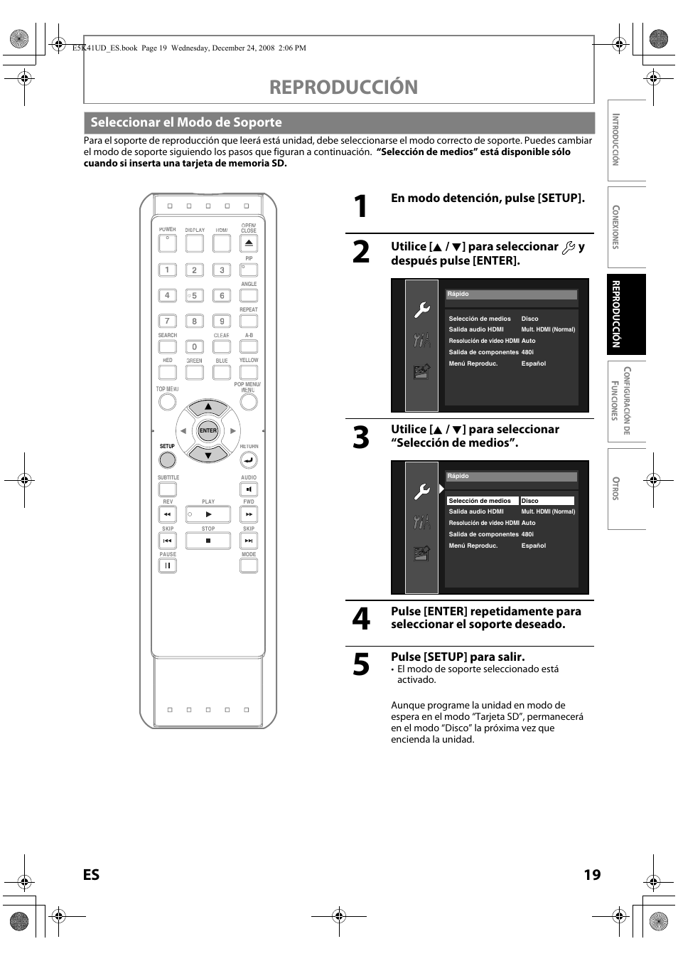 Seleccionar el modo de soporte, Reproducción, 19 es | En modo detención, pulse [setup, Pulse [setup] para sali r | Sylvania NB531SLX User Manual | Page 121 / 150