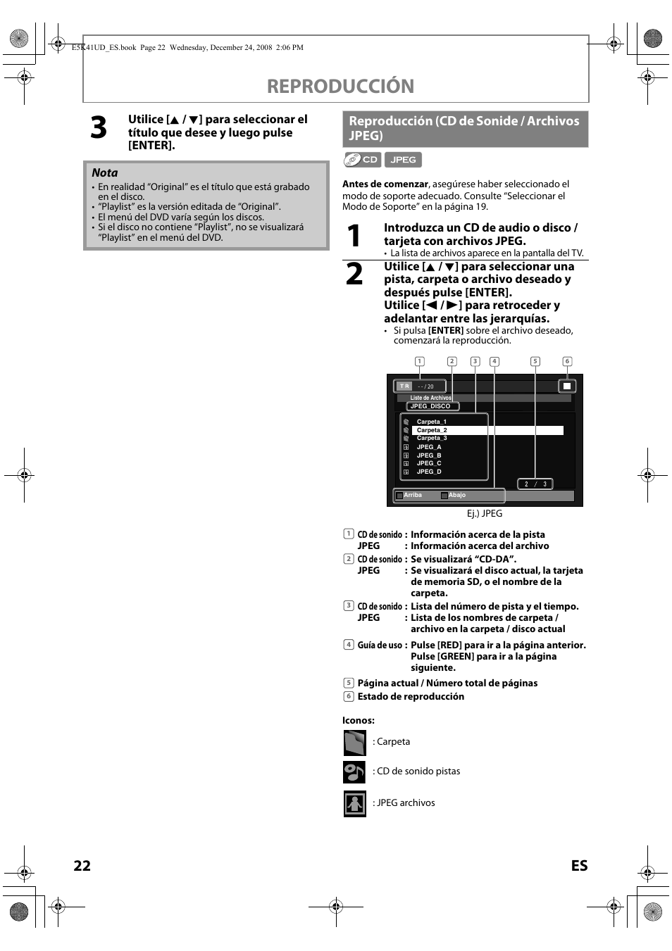 Reproducción (cd de sonide / archivos jpeg), Reproducción, 22 es | Sylvania NB531SLX User Manual | Page 124 / 150
