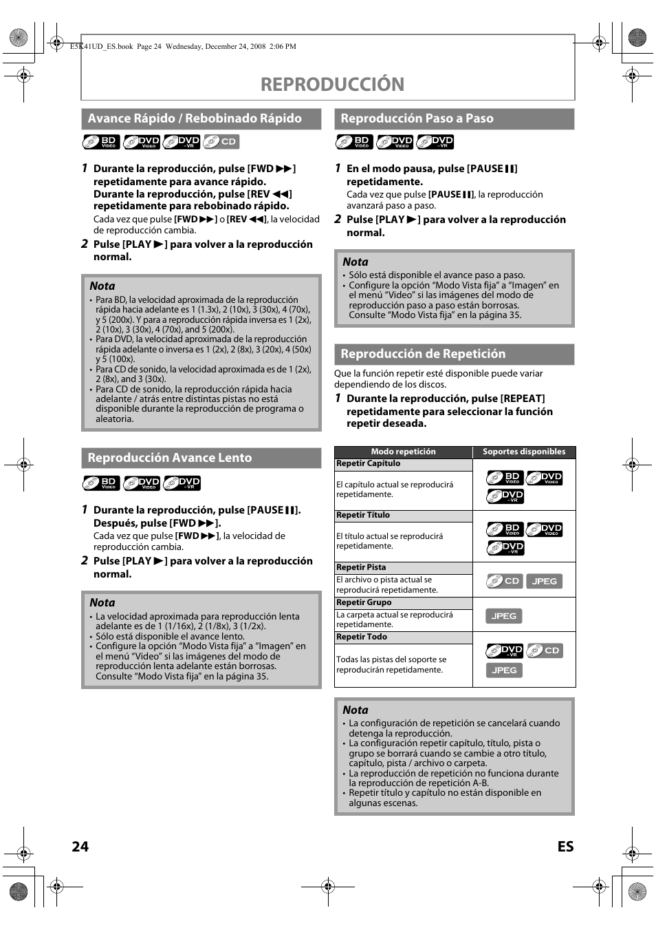 Reproducción, 24 es, Avance rápido / rebobinado rápido | Reproducción avance lento, Reproducción paso a paso, Reproducción de repetición | Sylvania NB531SLX User Manual | Page 126 / 150