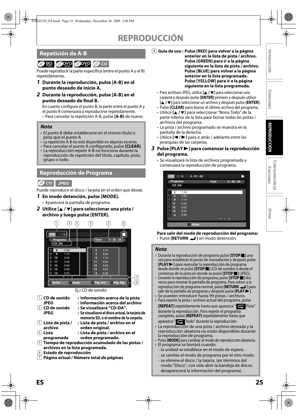 Repetición de a-b reproducción de programa, Reproducción, 25 es | Repetición de a-b, Reproducción de programa, Nota | Sylvania NB531SLX User Manual | Page 127 / 150