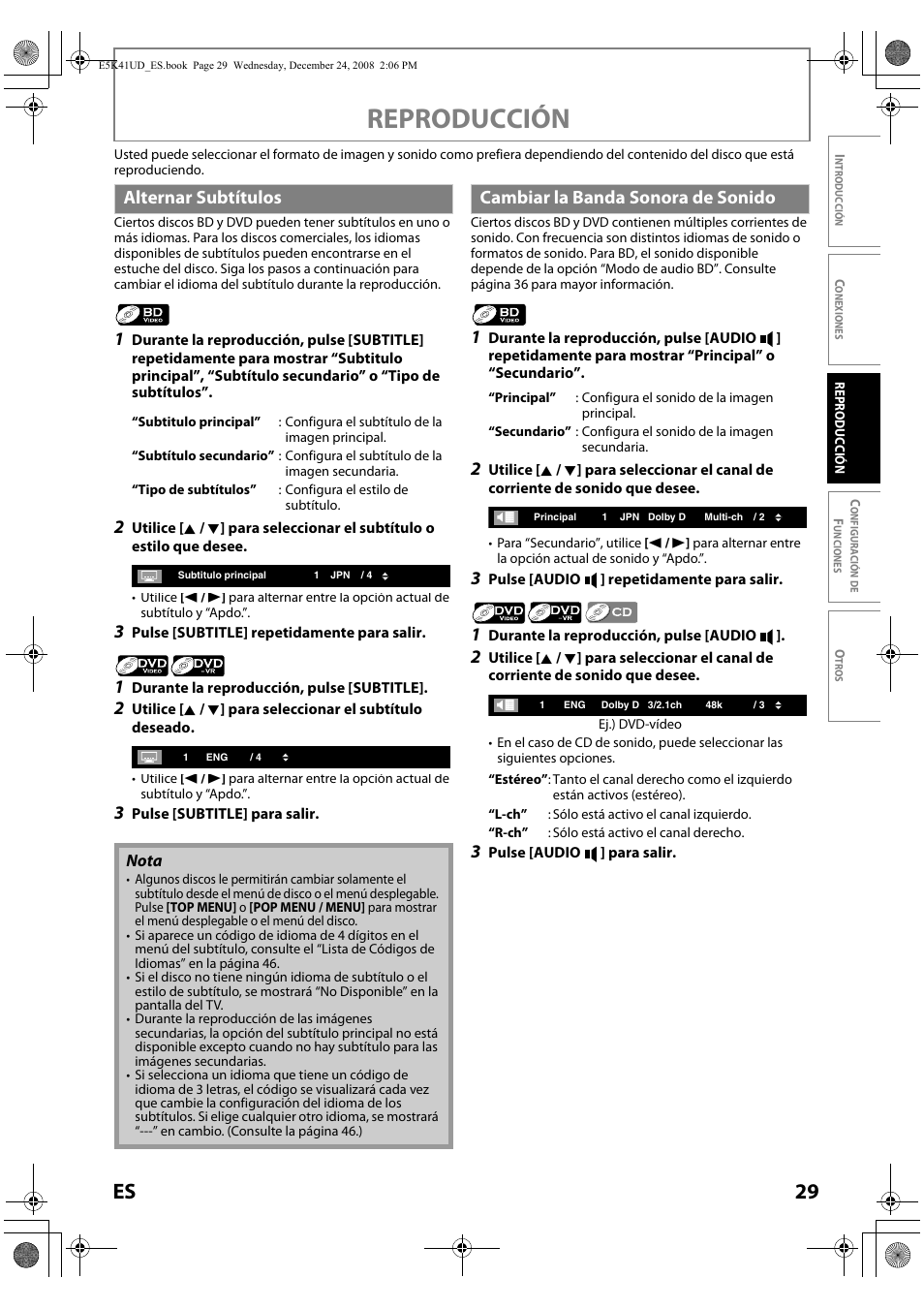 Reproducción, 29 es, Alternar subtítulos | Cambiar la banda sonora de sonido | Sylvania NB531SLX User Manual | Page 131 / 150
