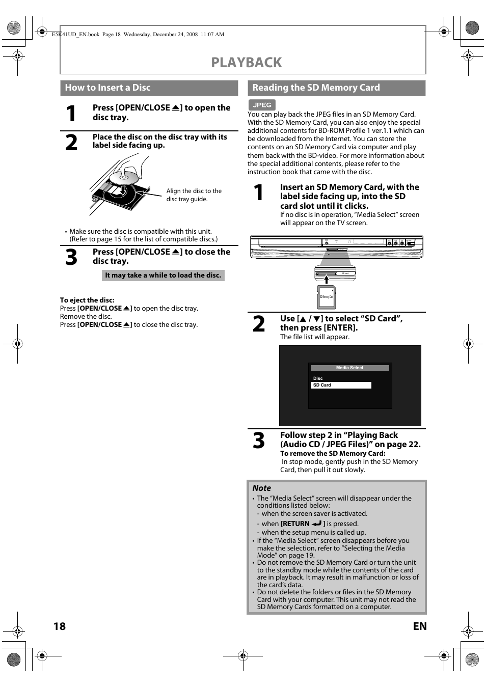 How to insert a disc reading the sd memory card, Playback, 18 en | Sylvania NB531SLX User Manual | Page 20 / 150