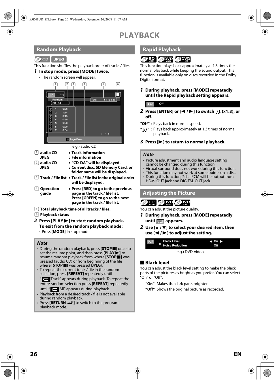 Playback, 26 en, Random playback | Rapid playback, Adjusting the picture, S black level | Sylvania NB531SLX User Manual | Page 28 / 150