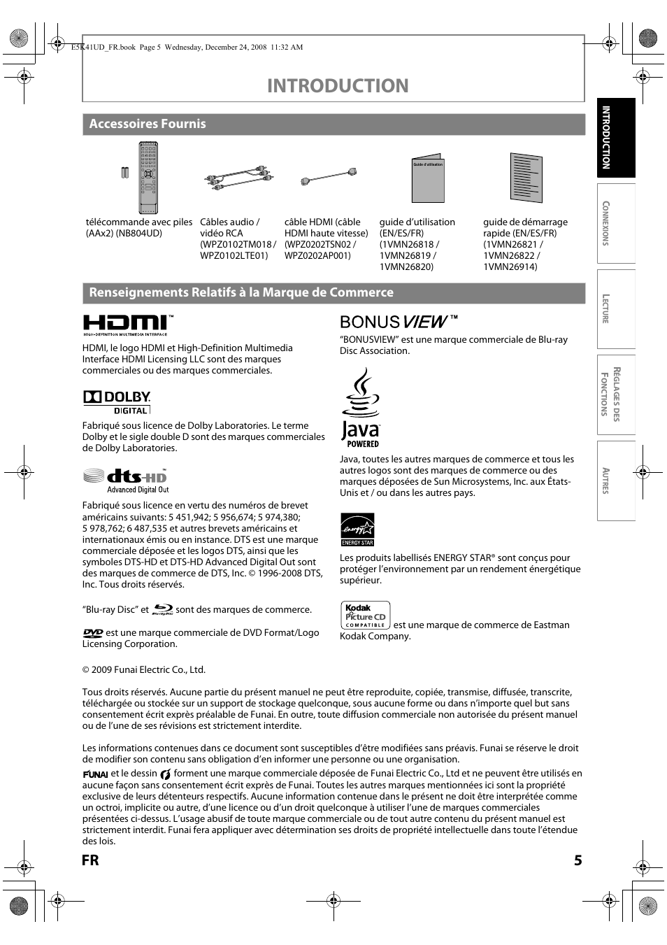 Introduction, Accessoires fournis, Renseignements relatifs à la marque de commerce | Sylvania NB531SLX User Manual | Page 57 / 150