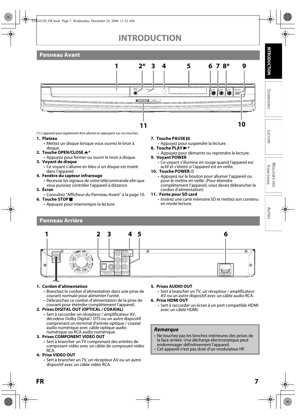 Panneau avant panneau arrière, Introduction, Panneau avant | Panneau arrière, Remarque | Sylvania NB531SLX User Manual | Page 59 / 150